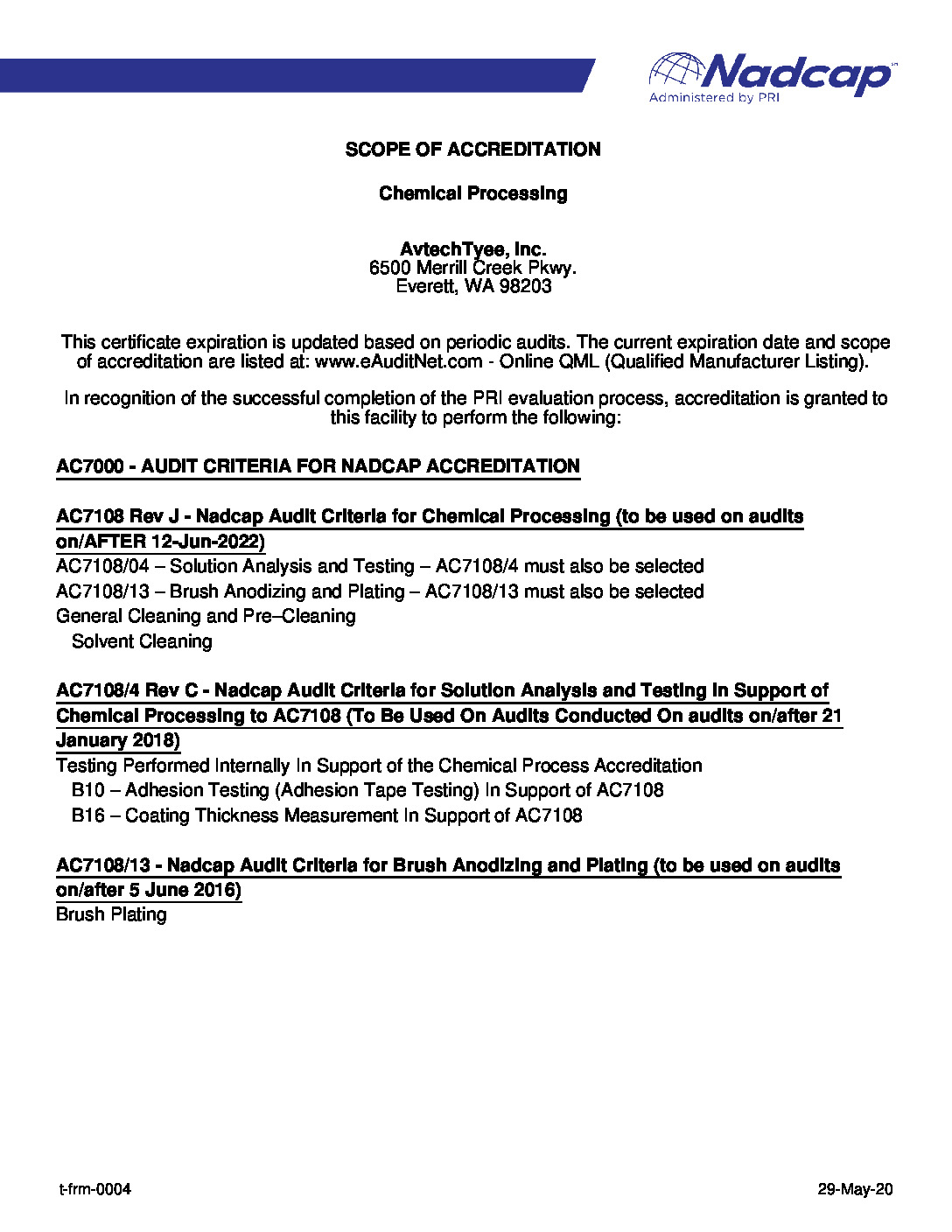 Scope of Chemical Processing Accreditation