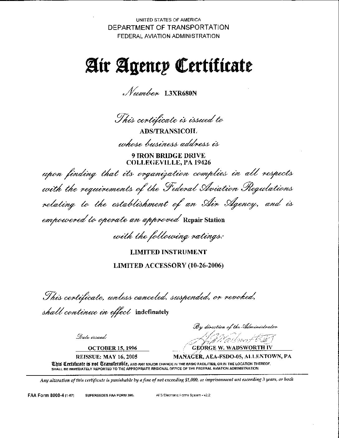Transicoil FAA repair station certificate